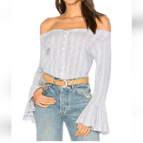 Free People Striped Blue Off Shoulder Blouse Bell Sleeve XS - Picture 2 of 14
